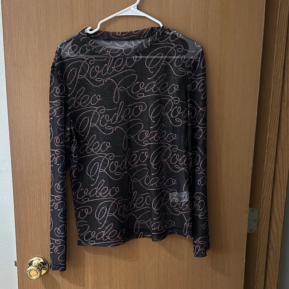 Rodeo Script Print Long-Sleeve Mesh Top - Black/Pink